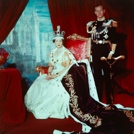 Queen Elizabeth II in Coronation Robes with the Duke of Edinburgh. Credit: The Telegraph/Alamy
