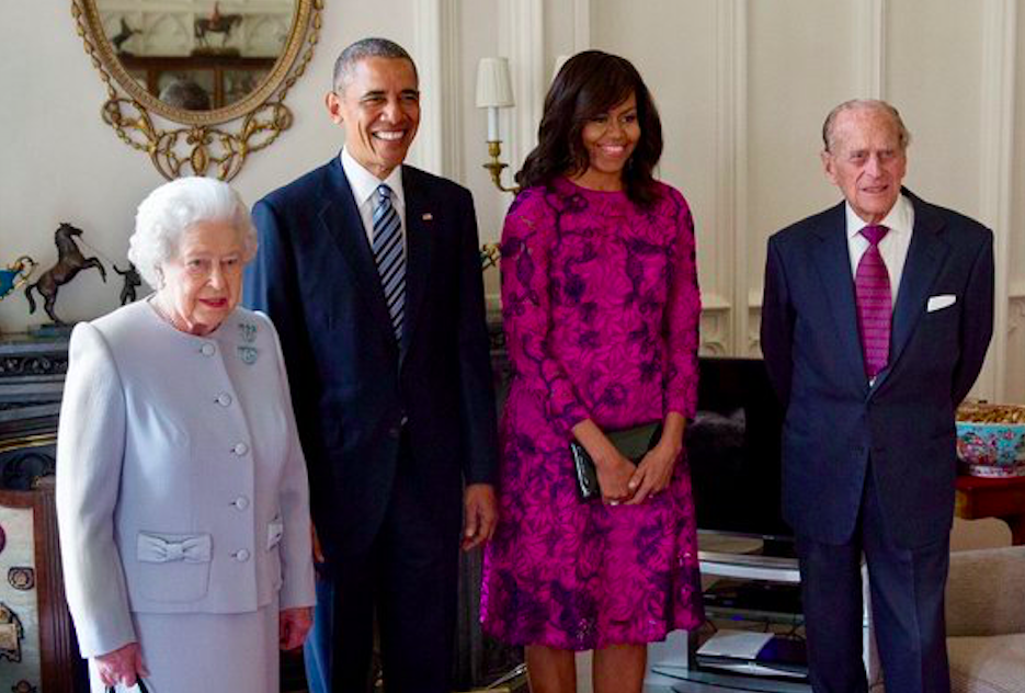 Barack and Michelle Obama with Queen Elizabeth II and Prince Philip at Buckingham Palace in 2016. Credit to Sky News