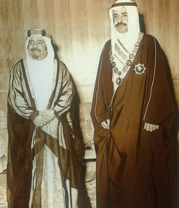 In December 1976, the Prime Minister (R) received the Order of Khalifa from the late King of Bahrain, his elder brother Isa bin Salman al-Khalifa (L). Credit: Bahrain Confidential