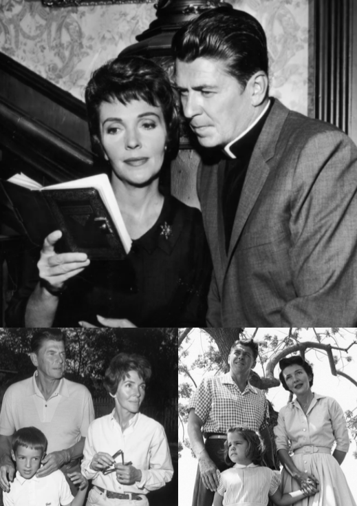 Nancy and Ronald reading a book in 1962, Patti with her parents, Ron with mom and dad in 1966. Credit to Bettmann Archive/Getty Images/BRAMS