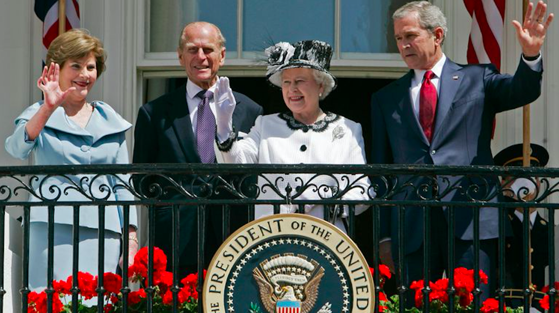 George W Bushes and First Lady Laura with Prince Philip and Queen Elizabeth II. Credit to Sky News