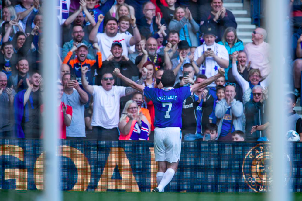 The Rangers FC fans cheer at Shota Arveladze scoring for the Rangers Legends. Credit to The Rangers