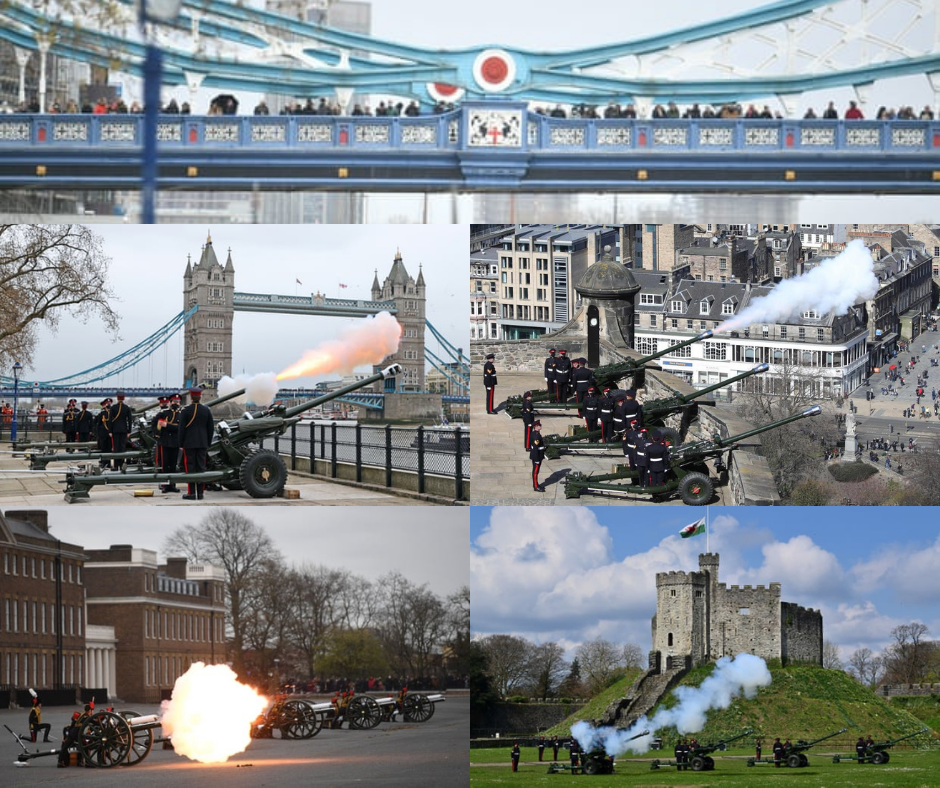 Hundreds of people lined Tower Bridge. A 41-round gun salute fired at the Tower of London, Edinburgh Castle, Woolwich Barracks in central London, and Cardiff Castle. Credit to Getty/PA/BBC/BRAMS