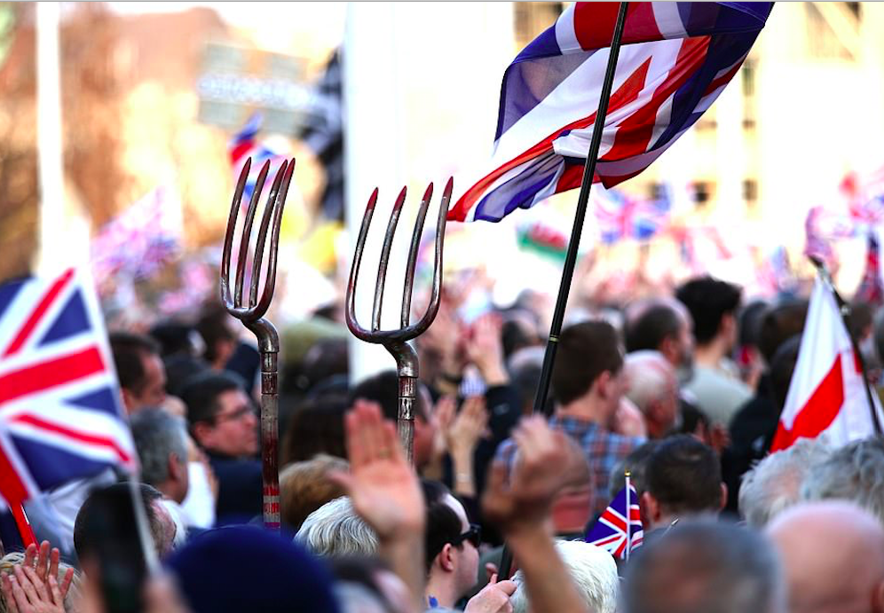 Pitchforks raised as Brexiteers listened to speeches by Tommy Robinson, Nigel Farage and Tim Martin. Credit: The Daily Mail/PA