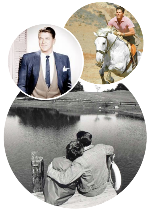 Nancy and Ronnie Reagan on the boardwalk facing pond at their ranch, California Gov. candidate Ronald Reagan riding a horse. Credit to Doctor Macro/AllPosters/Getty Images/BRAMS