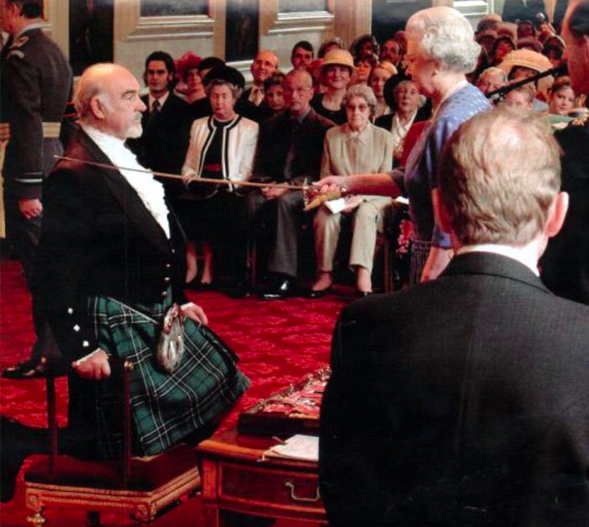 Sean Connery being knighted by the Queen on 5 July 2000&nbsp;at&nbsp;Holyrood Palace in Edinburgh, Scotland. Retrieved from Reddit