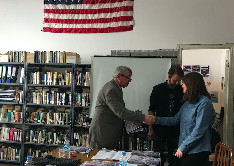 Professor Vasil Kacharava (right) and Mariam Khatiashvili (left), Chairperson of TSU American Studies Students’ Scientific Group. Credit: BRAMS/Maia Nadareishvili
