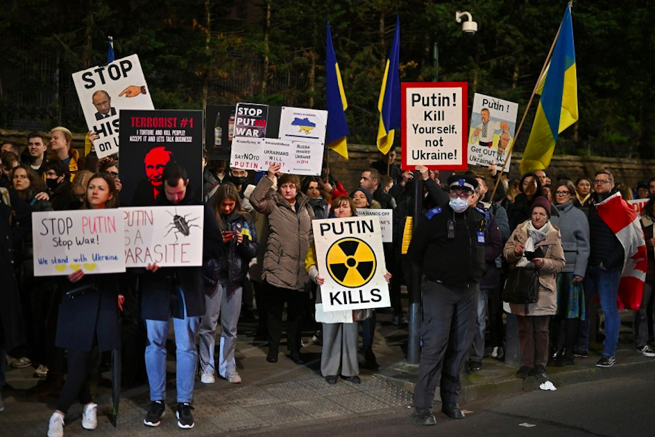 Ukrainians demonstrate outside the Russian Embassy against the recent invasion in London, England. Credit to The New York Post/Getty Images