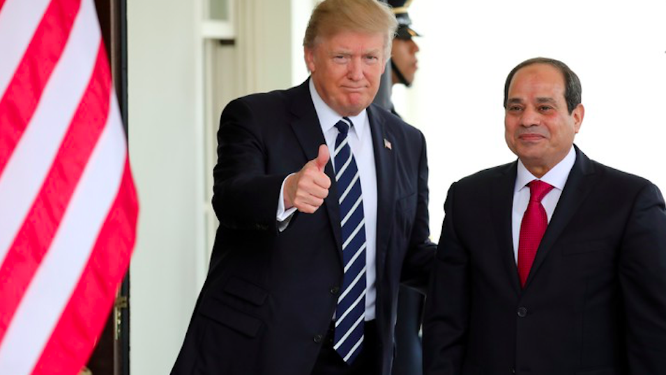 US President Donald Trump (L) welcomes Egyptian President Abdel Fattah al-Sisi (R) to the White House, 3 April 2017. Credit to Carlos Barria/Reuters