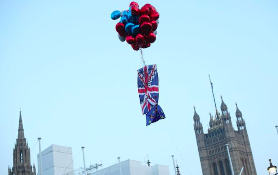 Brexiteers released balloons near Parliament Square. Credit: BBC/PA