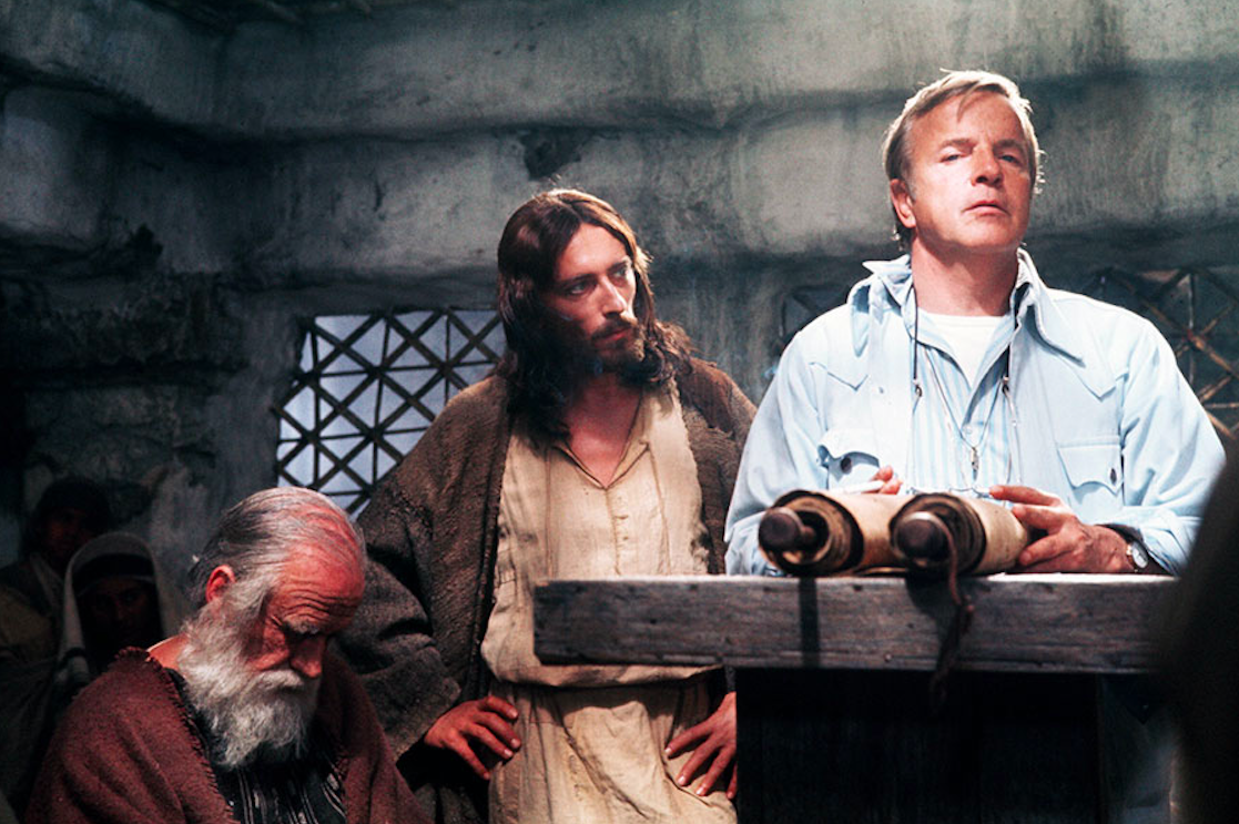 Franco Zeffirelli directing "Jesus of Nazareth" (TV mini-series 1977), starring three Brits – Robert Powell, Olivia Hussey, and Laurence Olivier. Credit: Cinematheia