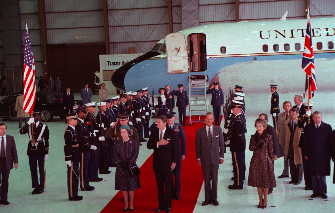 Queen Elizabeth II and Prince Philip with President and Mrs Ronald Reagan, during a ceremony, to honour the queen's visit to the West Coast on 23 February 1983. Credit to Sergeant Michael E. Lada