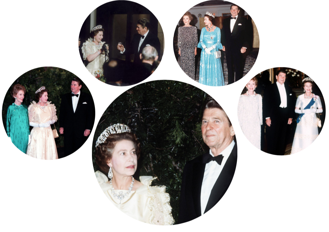 Queen Elizabeth II and President Reagan. Credit to Anwar Hussein/The Mirror/Popsugar/Ronald Reagan Library/BRAMS