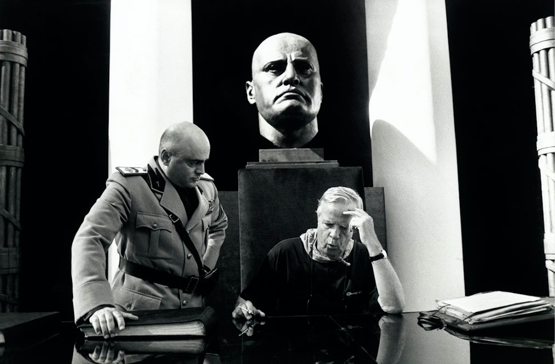Claudio Spadaro (as Mussolini) and Franco Zeffirelli  on the set of Tea with Mussolini. Credit: Franco Zeffirelli/Italy magazine